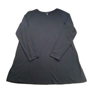 Eileen Fisher Sz M Stretch Jersey Knit Crew Neck Long Top Side Slits Tunic Black